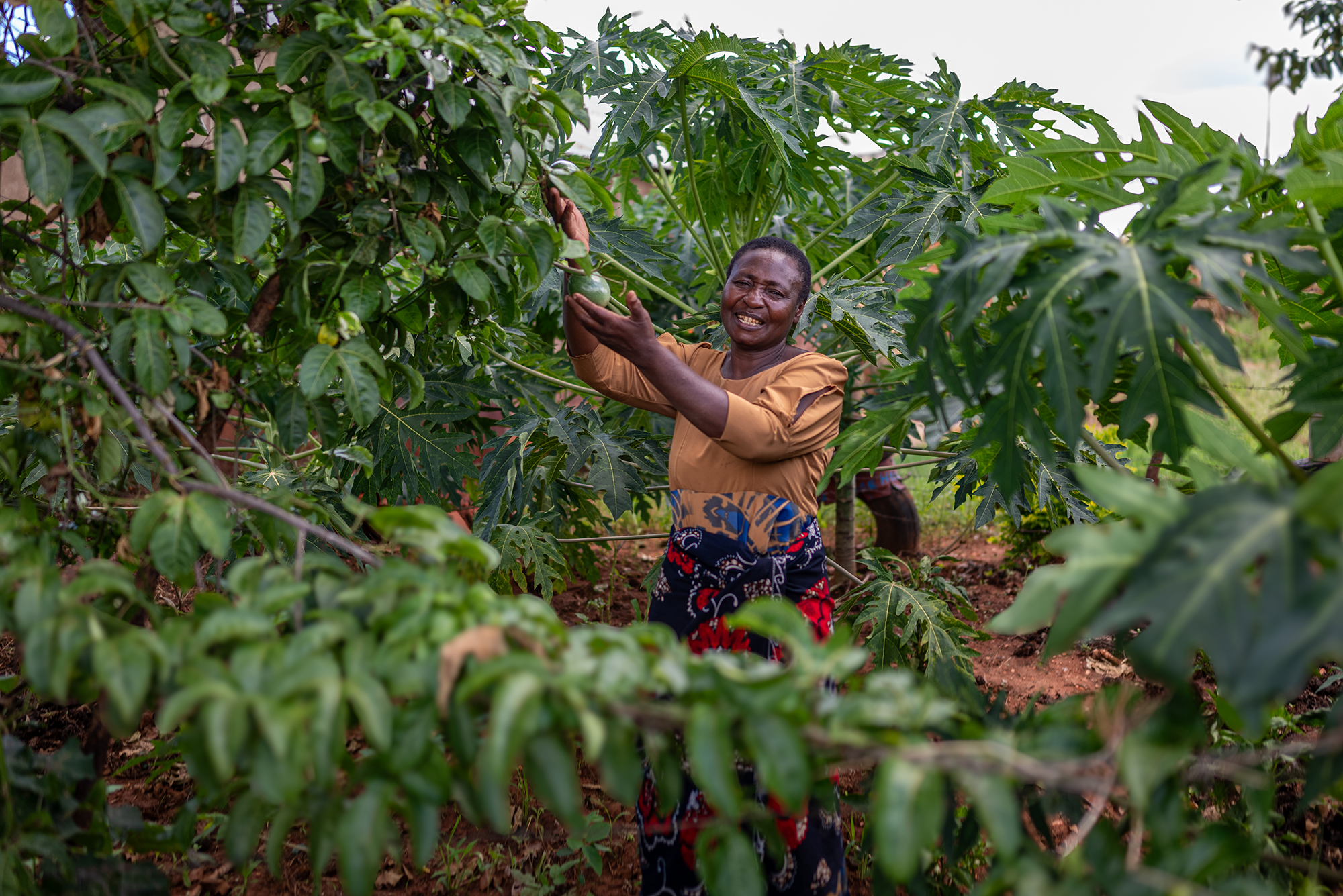 An older woman stands among lush green trees while smiling.